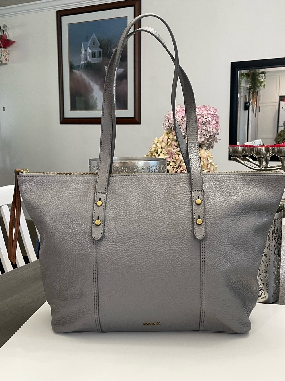Fossil Gray Pebbled Leather Tote with Gold Hardware